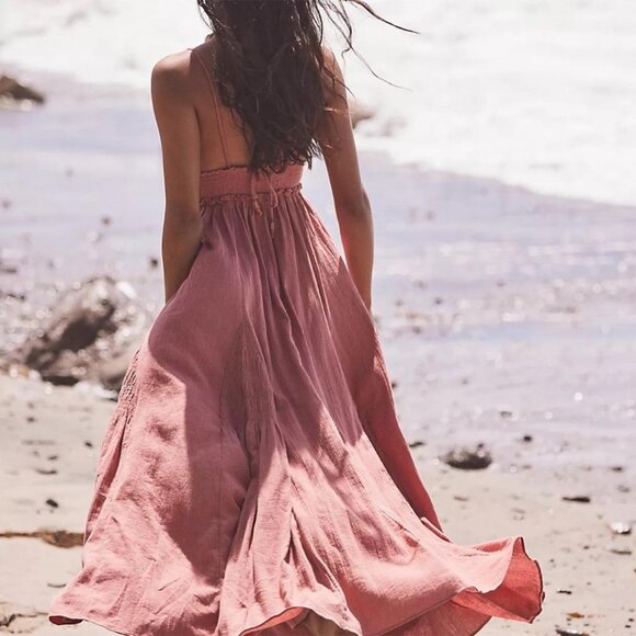 Free People Heat Haze White Cream Smocked‎ Linen Cotton Maxi Dress Size Medium - Picture 3 of 8